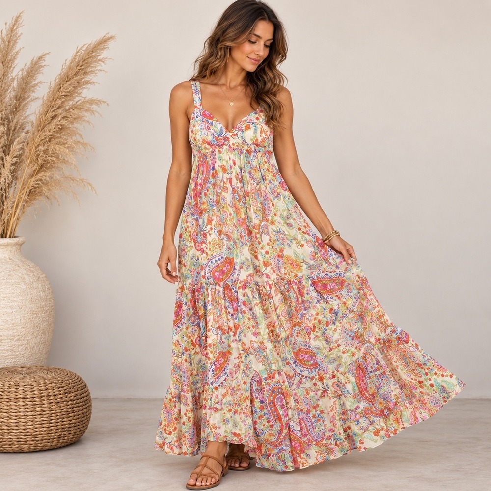 Akualani Maxi Dress Womens Small Multicolor Paisley Floral Tiered Boho